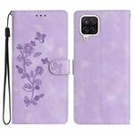 For Samsung Galaxy A12 Flower Butterfly Embossing Pattern Leather Phone Case(Purple)