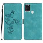 For Samsung Galaxy A21s Flower Butterfly Embossing Pattern Leather Phone Case(Sky Blue)