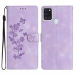 For Samsung Galaxy A21s Flower Butterfly Embossing Pattern Leather Phone Case(Purple)