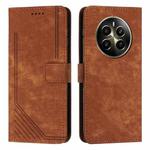 For Realme 12+ Skin Feel Stripe Pattern Leather Phone Case with Lanyard(Brown)
