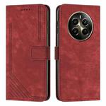 For Realme 12+ Skin Feel Stripe Pattern Leather Phone Case with Lanyard(Red)