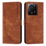 For Xiaomi 13T / Xiaomi 13T Pro Skin Feel Stripe Pattern Leather Phone Case with Long Lanyard(Brown)