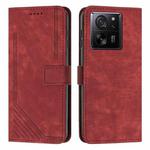 For Xiaomi 13T / Xiaomi 13T Pro Skin Feel Stripe Pattern Leather Phone Case with Long Lanyard(Red)