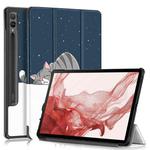 For Samsung Galaxy Tab S9+ Custer Painted 3-Fold Holder Smart Leather Tablet Case(Lazy Cat)