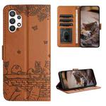 For Samsung Galaxy A13 4G Cat Embossing Pattern Leather Phone Case with Lanyard(Brown)