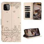 For Samsung Galaxy A22 5G Cat Embossing Pattern Leather Phone Case with Lanyard(Beige)