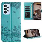 For Samsung Galaxy A23 Cat Embossing Pattern Leather Phone Case with Lanyard(Blue)