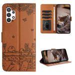 For Samsung Galaxy A32 5G Cat Embossing Pattern Leather Phone Case with Lanyard(Brown)