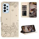 For Samsung Galaxy A33 Cat Embossing Pattern Leather Phone Case with Lanyard(Beige)