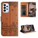 For Samsung Galaxy A52 Cat Embossing Pattern Leather Phone Case with Lanyard(Brown)