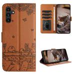 For Samsung Galaxy A54 Cat Embossing Pattern Leather Phone Case with Lanyard(Brown)