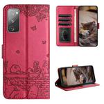 For Samsung Galaxy S20 FE Cat Embossing Pattern Leather Phone Case with Lanyard(Red)