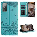 For Samsung Galaxy S20 FE Cat Embossing Pattern Leather Phone Case with Lanyard(Blue)