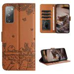 For Samsung Galaxy S20 FE Cat Embossing Pattern Leather Phone Case with Lanyard(Brown)