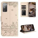 For Samsung Galaxy S20 FE Cat Embossing Pattern Leather Phone Case with Lanyard(Beige)