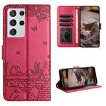 For Samsung Galaxy S21 Ultra Cat Embossing Pattern Leather Phone Case with Lanyard(Red)