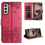 For Samsung Galaxy S21+ Cat Embossing Pattern Leather Phone Case with Lanyard(Red)
