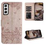 For Samsung Galaxy S22 Cat Embossing Pattern Leather Phone Case with Lanyard(Grey)