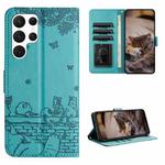 For Samsung Galaxy S22 Ultra Cat Embossing Pattern Leather Phone Case with Lanyard(Blue)