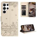 For Samsung Galaxy S22 Ultra Cat Embossing Pattern Leather Phone Case with Lanyard(Beige)