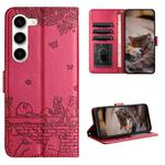 For Samsung Galaxy S23 Cat Embossing Pattern Leather Phone Case with Lanyard(Red)