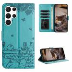 For Samsung Galaxy S23 Ultra Cat Embossing Pattern Leather Phone Case with Lanyard(Blue)