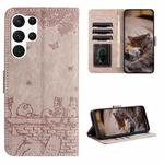 For Samsung Galaxy S23 Ultra Cat Embossing Pattern Leather Phone Case with Lanyard(Grey)