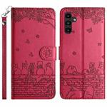 For Samsung Galaxy S24+ Cat Embossing Pattern Leather Phone Case with Lanyard(Red)