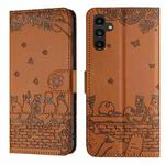 For Samsung Galaxy A15 Cat Embossing Pattern Leather Phone Case with Lanyard(Brown)