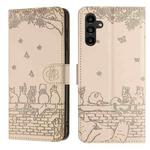 For Samsung Galaxy A15 Cat Embossing Pattern Leather Phone Case with Lanyard(Beige)