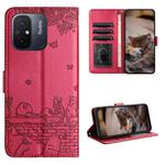 For Xiaomi Redmi 12C / 11A Cat Embossing Pattern Leather Phone Case with Lanyard(Red)