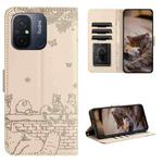 For Xiaomi Redmi 12C / 11A Cat Embossing Pattern Leather Phone Case with Lanyard(Beige)