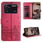 For Xiaomi Poco M4 Pro 4G Cat Embossing Pattern Leather Phone Case with Lanyard(Red)