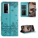 For Xiaomi Poco F5 Pro Cat Embossing Pattern Leather Phone Case with Lanyard(Blue)