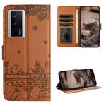For Xiaomi Poco F5 Pro Cat Embossing Pattern Leather Phone Case with Lanyard(Brown)