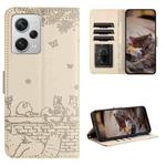 Cat Embossing Pattern Leather Phone Case with Lanyard For Xiaomi Redmi Note 12 Pro Speed / Note 12 Pro 5G India / Poco X5 Pro (Beige White)