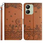 For Xiaomi Redmi 13C 4G/5G/13R 5G Cat Embossing Pattern Leather Phone Case with Lanyard(Brown)