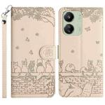 For Xiaomi Redmi 13C 4G/5G/13R 5G Cat Embossing Pattern Leather Phone Case with Lanyard(Beige)