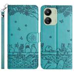 For Xiaomi Poco C65/Poco M6 Cat Embossing Pattern Leather Phone Case with Lanyard(Blue)