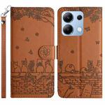 For Xiaomi Redmi Note 13 4G Cat Embossing Pattern Leather Phone Case with Lanyard(Brown)