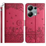 For Xiaomi Poco M6 Pro 4G Cat Embossing Pattern Leather Phone Case with Lanyard(Red)