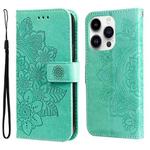 For iPhone 15 Pro Max 7-petal Flowers Embossing Leather Phone Case(Green)
