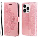 For iPhone 15 Pro Seven-petal Flowers Embossing Leather Phone Case(Rose Gold)