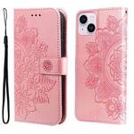 For iPhone 15 7-petal Flowers Embossing Leather Phone Case(Rose Gold)