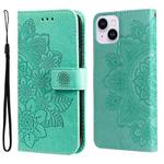For iPhone 15 Plus 7-petal Flowers Embossing Leather Phone Case(Green)