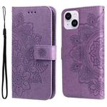 For iPhone 15 Plus 7-petal Flowers Embossing Leather Phone Case(Light Purple)
