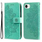 For iPhone SE 20224 Seven-petal Flowers Embossing Leather Phone Case(Green)