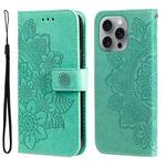 For iPhone 16 Pro Max 7-petal Flowers Embossing Leather Phone Case(Green)