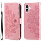 For iPhone 16 Plus Seven-petal Flowers Embossing Leather Phone Case(Rose Gold)