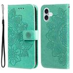 For iPhone 16 Plus 7-petal Flowers Embossing Leather Phone Case(Green)